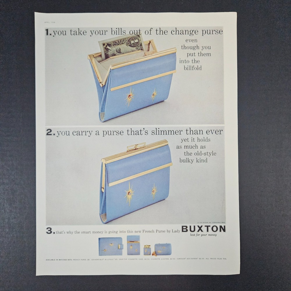 1958 Lady Buxton French Purse Billfold Cigarette Case Lighter‎ Vintage Print Ad